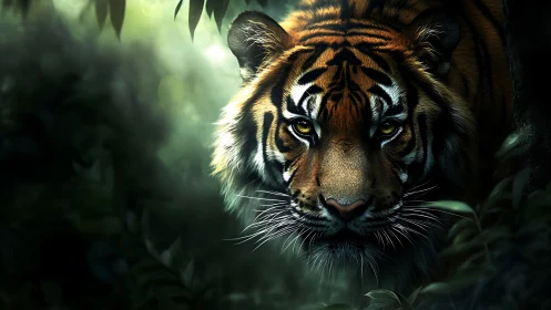 Digital rendering shows tiger emerging from dense foliage