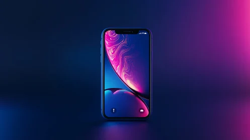 Sleek smartphone glows in neon gradients on dark backdrop