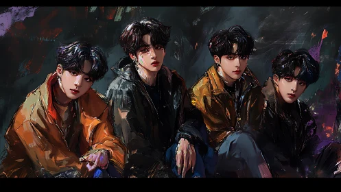 Four stylish youths pose amid vivid painterly brushstrokes.
