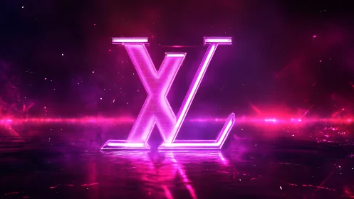 Neon pink XL letterform in reflective digital landscape.