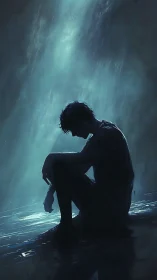 Solitary figure sitting in rain under cold blue light.