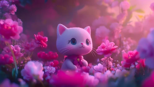 Luminous Feline Character in Vibrant Magenta Floral Field Environment