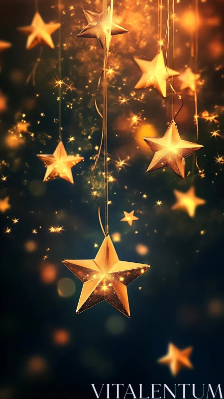 Golden star ornaments glow softly in dreamy night sky.