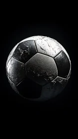 Weathered soccer ball glows in dramatic studio darkness