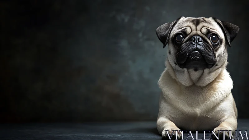 Studio portrait of pug on dark textured backdrop.