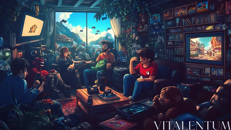 Retro gamers unwind together in a cozy neon-lit den
