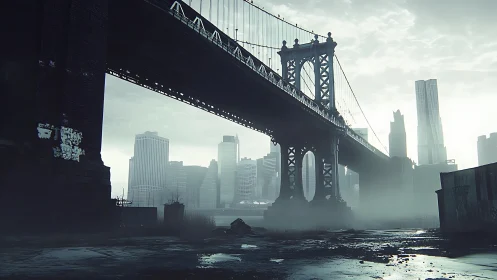 Steel giant strides above misty ruins toward silent towers