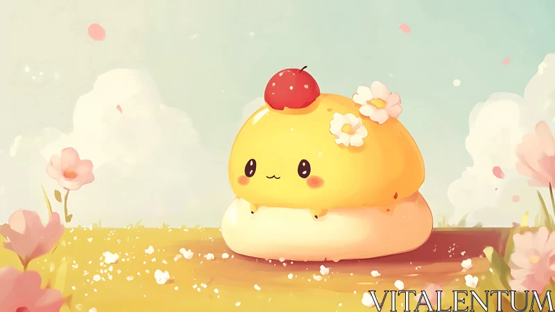 Adorable Chubby Character Surrounded by Blossoms and Butterflies