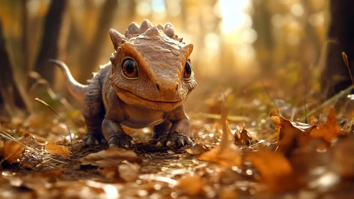 Small fantasy reptile creature in warm autumn forest.