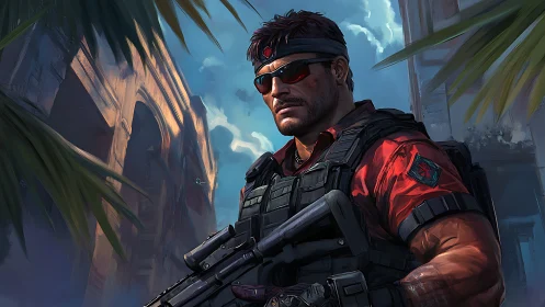 Heavily armed soldier in red shirt in urban ruins.