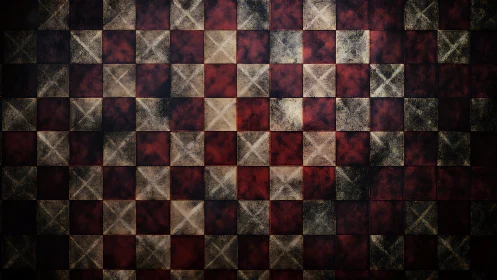 Worn crimson checkerboard wall with softly glowing X marks.