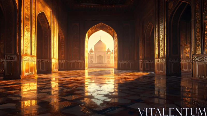 Sunlit marble hall frames distant white domed mausoleum