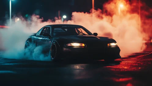 Drift car in night smoke under orange and teal lights.