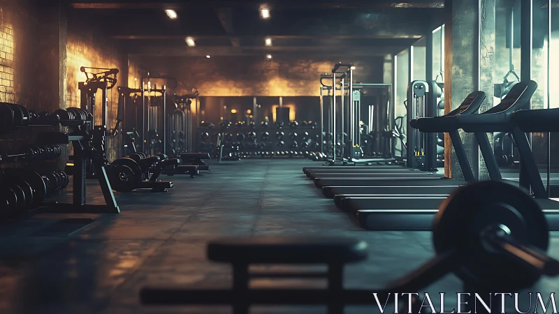 Low key gym interior with aligned treadmills and strength rigs.