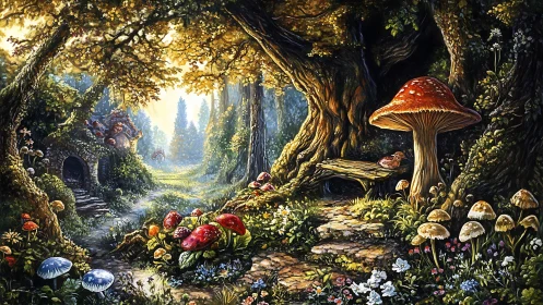 Enchanted forest path winds past giant mushrooms and cottage