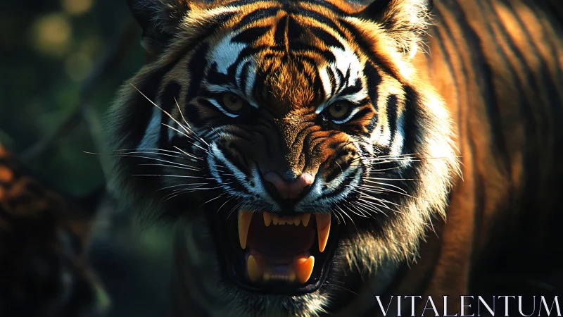 Snarling tiger portrait in dramatic forest light.
