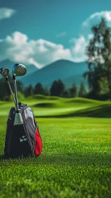 Lone golf bag dreaming on rolling emerald fairways.