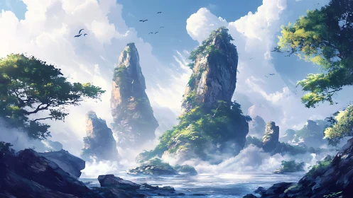 Mystical floating islands rise through clouds above water.