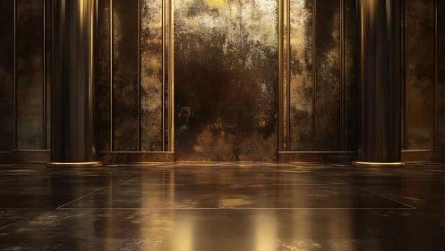 Metallic interior with reflective floor and vertical columns.