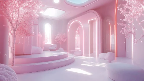 Futuristic Pink Neon Interior Space with Organic Architecture