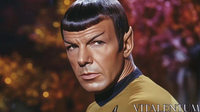 Stoic space officer in golden uniform under soft lights.