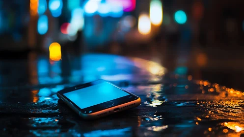 Smartphone on wet surface under urban night bokeh lights.