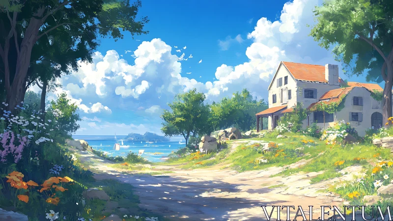 Seaside Cottage Garden with Vibrant Coastal Landscape.