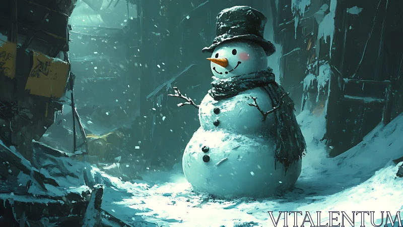 Hopeful snowman smiling bright in a forgotten winter alley.