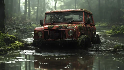 Abandoned red off-road truck sinks into a misty forest bog