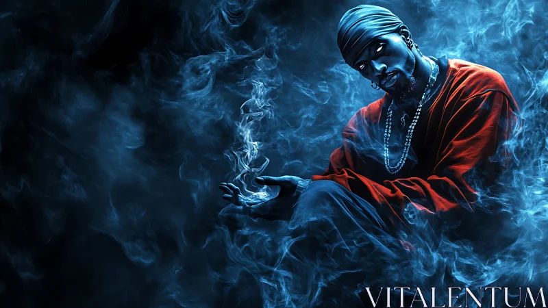 Mystic hooded figure conjures blue smoke in dramatic glow.