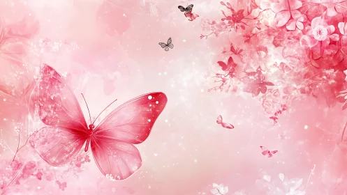 Pink butterfly fantasy over glowing floral garden.