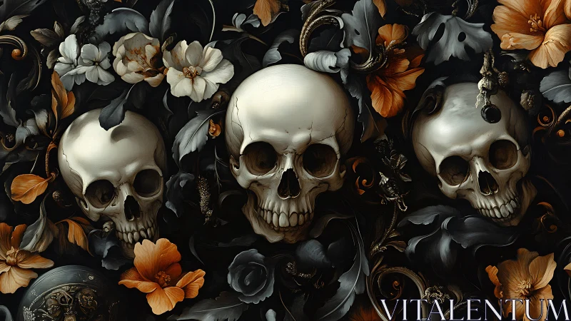 Digital painting triptych of skulls entwined with baroque florals.