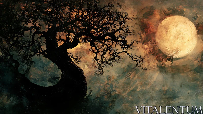 Twisted dark tree silhouette against a textured full moon.