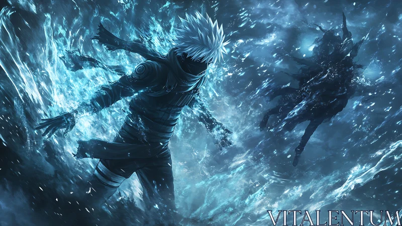 Masked warrior strides through storm of blue ethereal energy