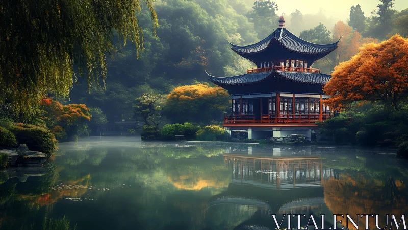 Mist-kissed pagoda dreaming beside an autumn glass lake.