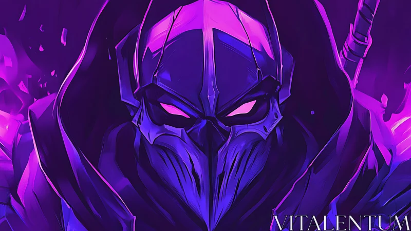 Hooded armored figure in violet and magenta digital lighting.