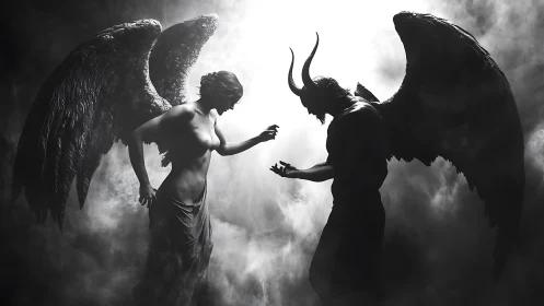 Angel and demon confront each other in stormy celestial fog