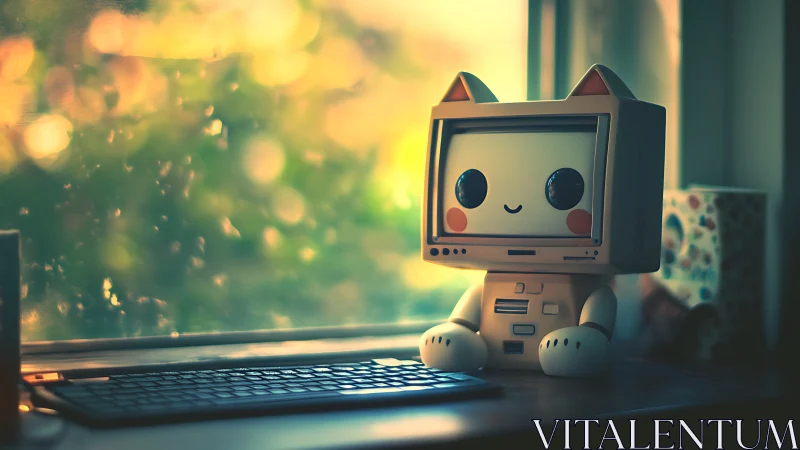 Sunlit cyber kitty computer idol guarding a quiet keyboard.