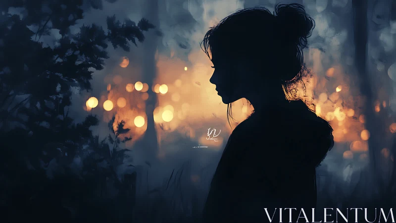 Soft evening silhouette rests against glowing forest lights