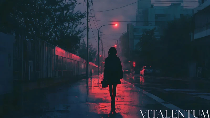 Silhouette walks alone on wet street under red streetlights