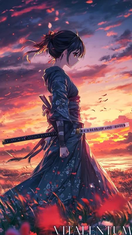 Samurai heroine walks through sunset field with katana drawn.