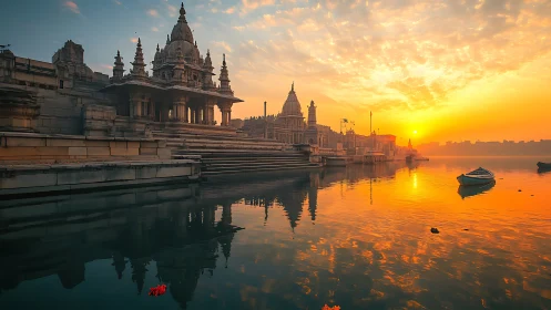 Golden riverside temple complex under dramatic sunrise sky.