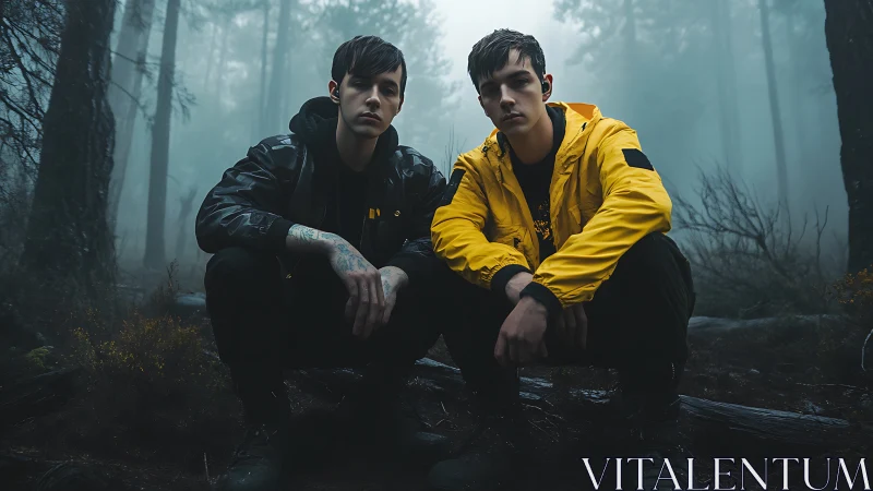 Two seated figures in forest clearing during dense fog