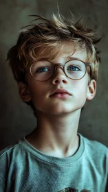 Young boy with glasses gazes upward thoughtfully.