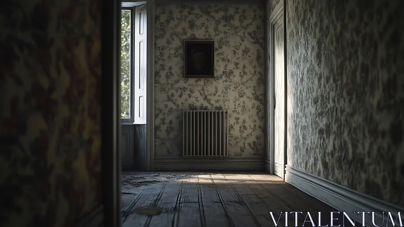 Sunlit abandoned hallway with peeling floorboards and radiator