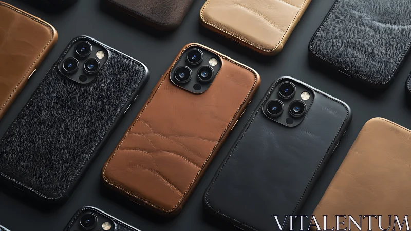 Leather smartphone cases are arranged in a controlled layout