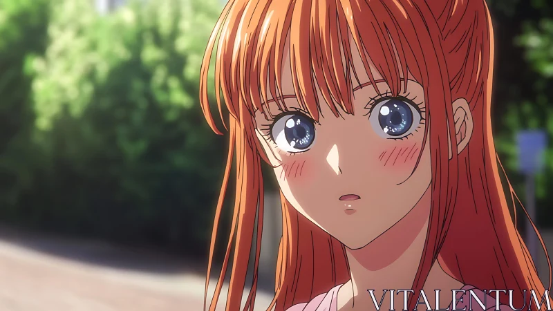 Red-haired anime girl looks surprised on sunlit street