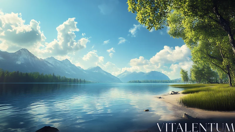 Sunlit alpine lake whispering beneath drifting summer clouds.