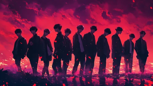 Cinematic anime silhouettes aligned against incendiary sky.