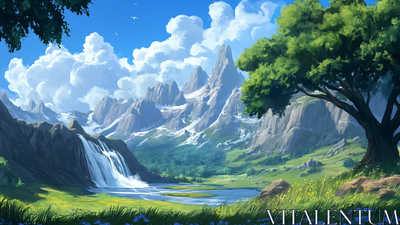 Sunlit alpine valley with cascading waterfall panorama.